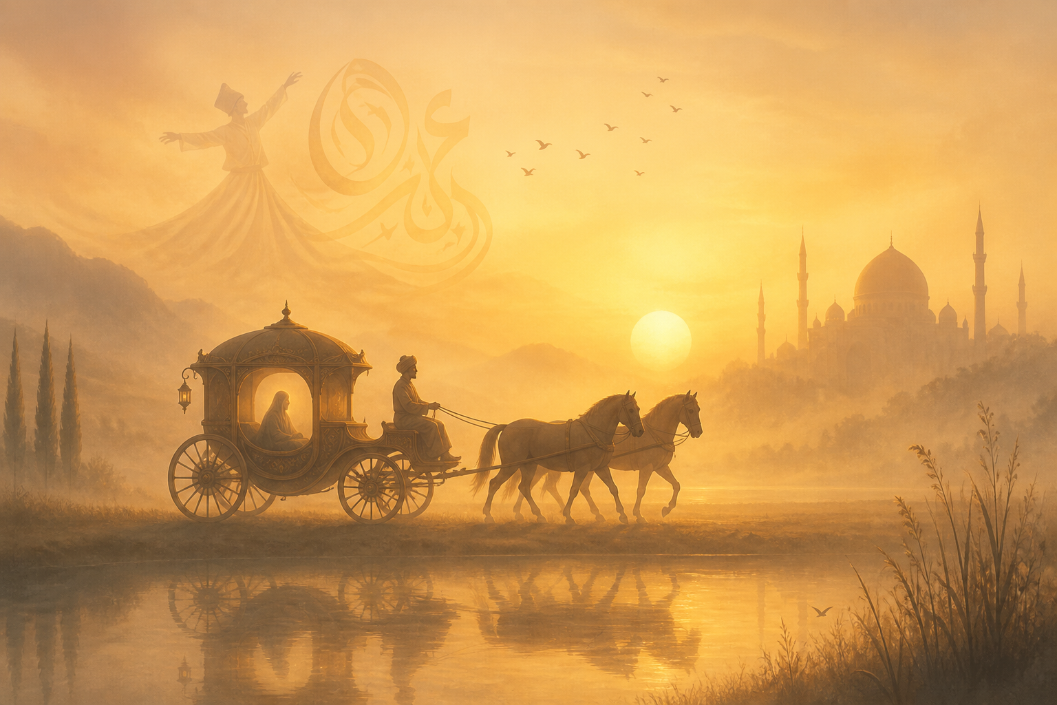 Ilustración poética y serena de un carruaje con caballos, conductor y pasajero, viajando por un paisaje de niebla al amanecer